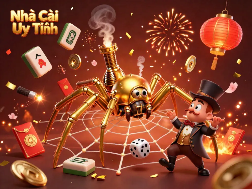 Engaging illustration of Nhà Cái Uy Tín featuring a golden spider in its web, capturing vibrant gambling elements.