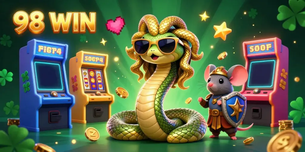 Experience the excitement of 98 WIN with colorful slot machines and vibrant casino elements.