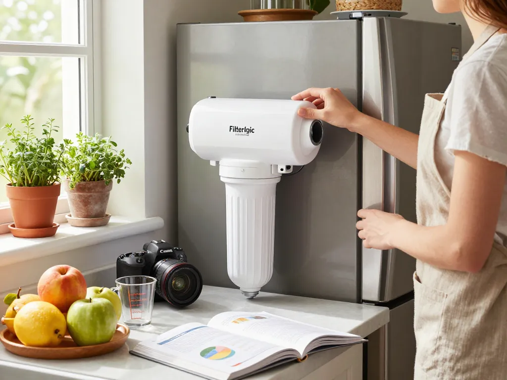 Changing the Filterlogic DA29-00020B Refrigerator Water Filter in a bright kitchen filled with fresh fruits and herbs.
