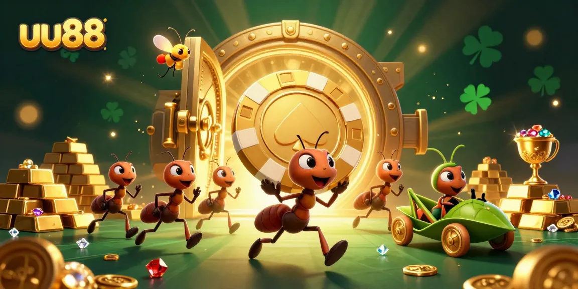 uu88 ants heist with a giant golden poker chip amidst casino treasures