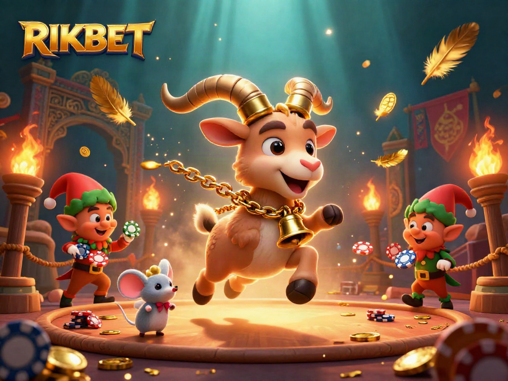 Engage in the thrilling RIKBET casino experience with festive characters and vibrant gaming elements.