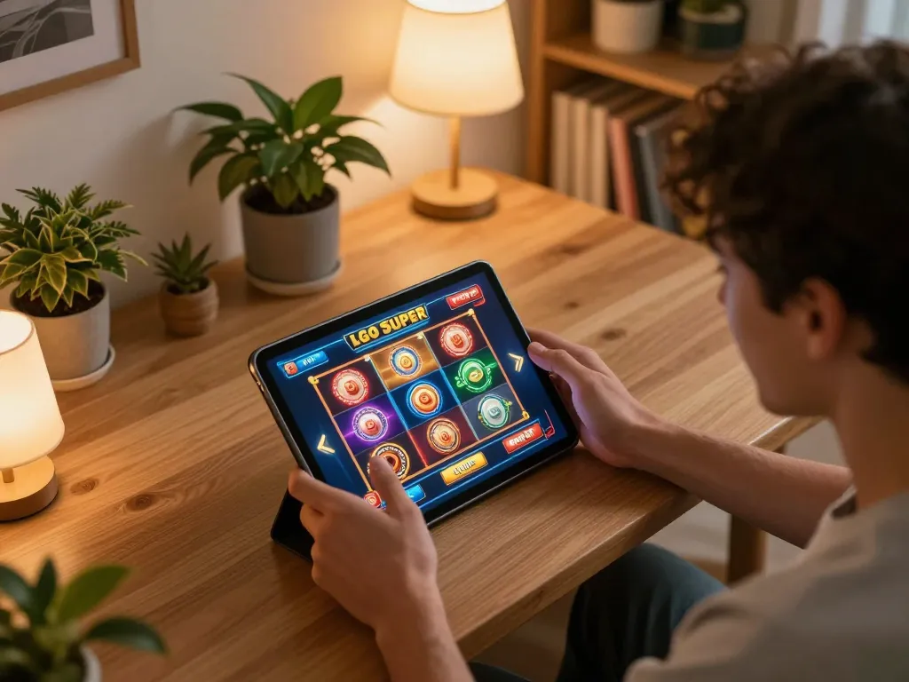 LGO SUPER player engaging with a tablet displaying slot games in a cozy home setting.
