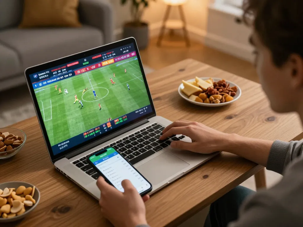 Person engaging in keobongda live sports betting using laptop and mobile in a cozy home setup