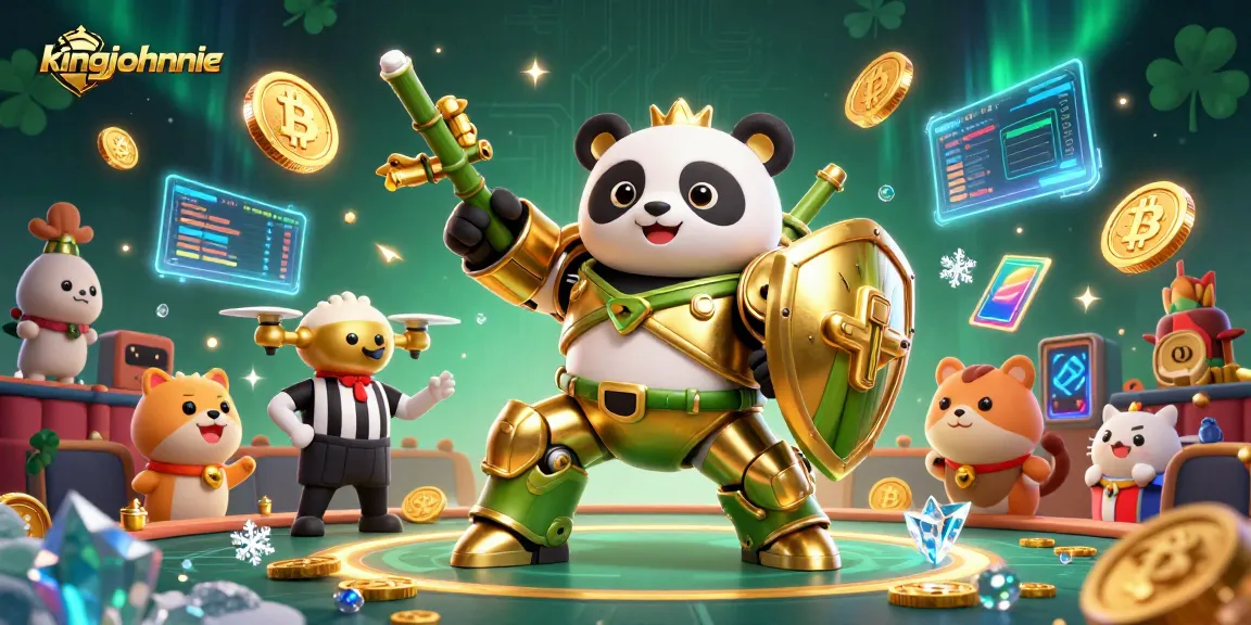 Combat in style with kingjohnnie as a golden panda battles in a crypto-themed casino arena.