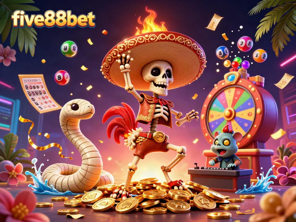 Engage in the vibrant world of five88bet with the animated characters celebrating on a cascade of golden coins.