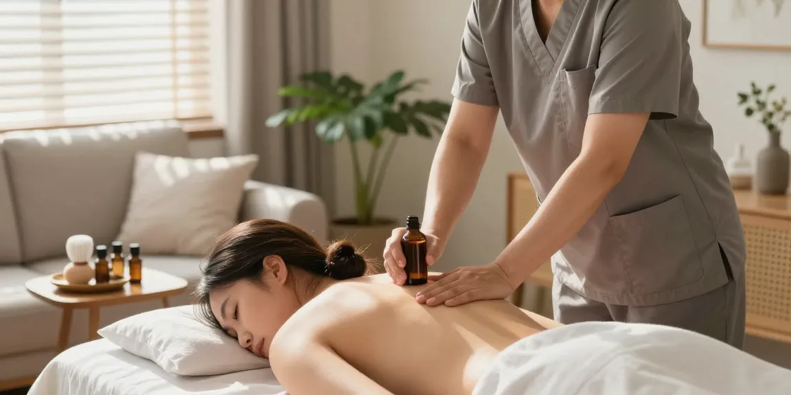 송파출장마사지 in a relaxing home setting with a professional therapist providing a soothing massage to a client.