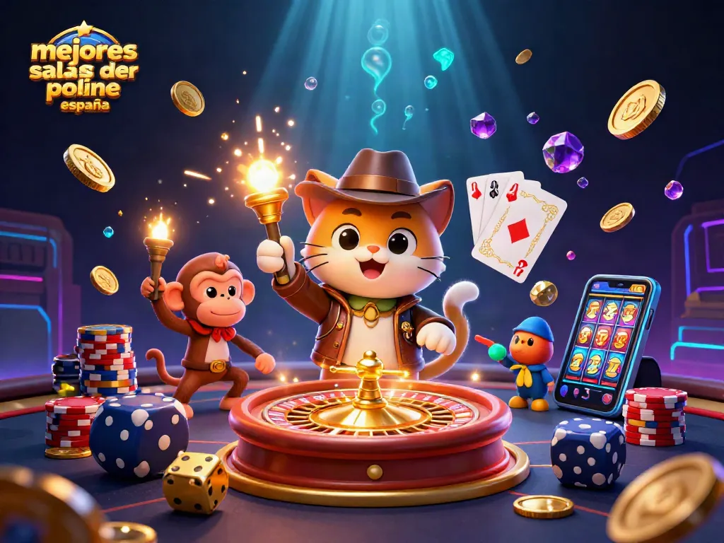 Ilustración 3D de un gato explorador en un templo de póker, destacando las mejores salas de póker online España.