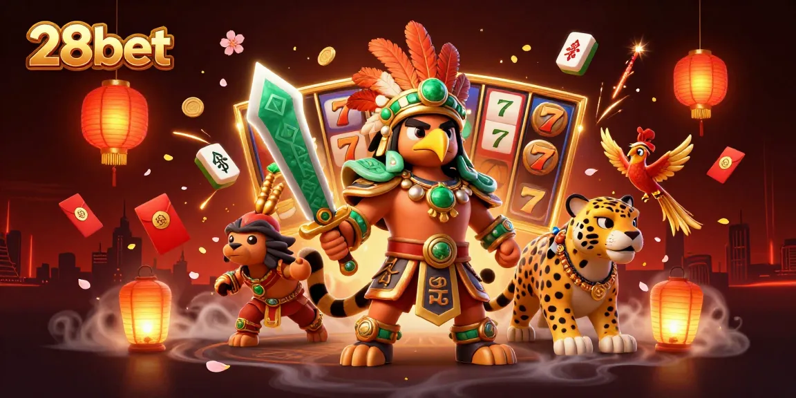 Play slots with 28bet, featuring Aztec characters and vibrant gaming elements in a rich casino setting.
