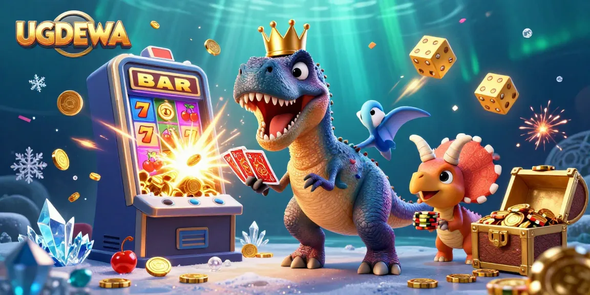 Engage with UGDEWA's exciting gameplay featuring a T-Rex and friends amidst a vibrant casino scene.