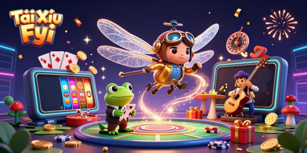 Engage with Tài Xỉu Fyi in a vibrant casino scene filled with festive characters and lively game elements.