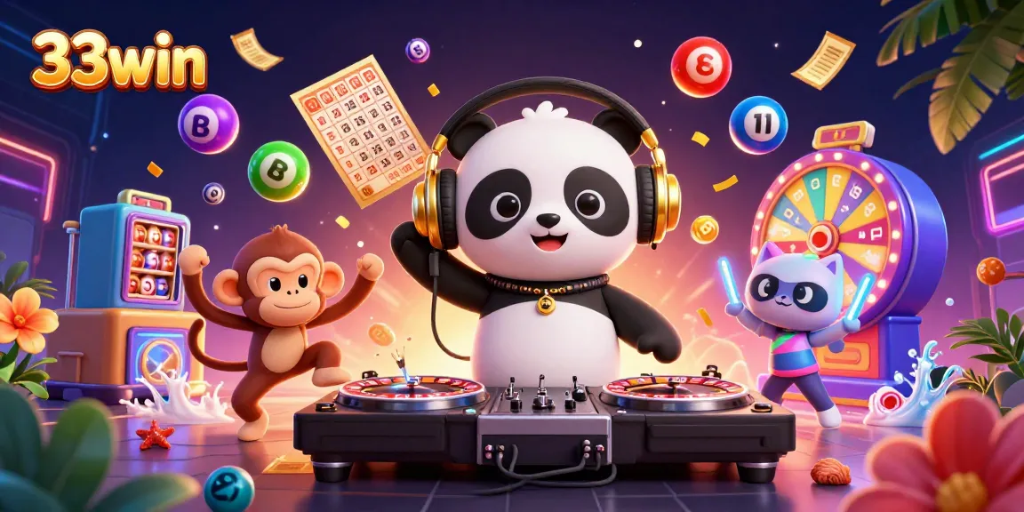 Experience thrilling wins at 33win with vibrant gaming action and exciting jackpots in a dynamic digital illustration.