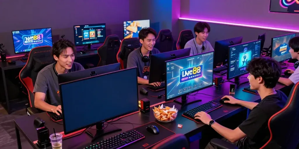 Friends enjoying online gaming with Net88 in a vibrant lounge setting.