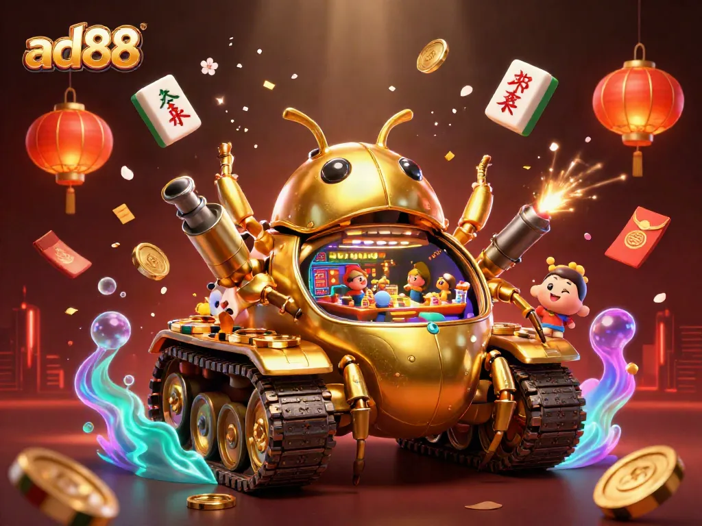 Engage with ad88's vibrant casino scene featuring a golden beetle tank and festive gaming elements.