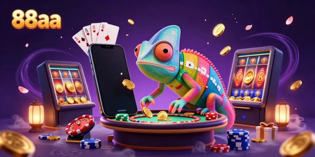 Experience excitement with 88aa, featuring a vibrant casino scene of a chameleon owner amidst gaming elements.
