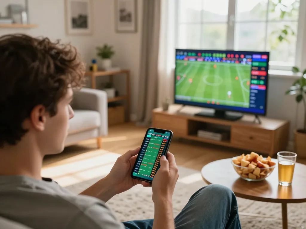 Engaged player analyzing live odds on Keo nha cai 5 in a cozy home environment