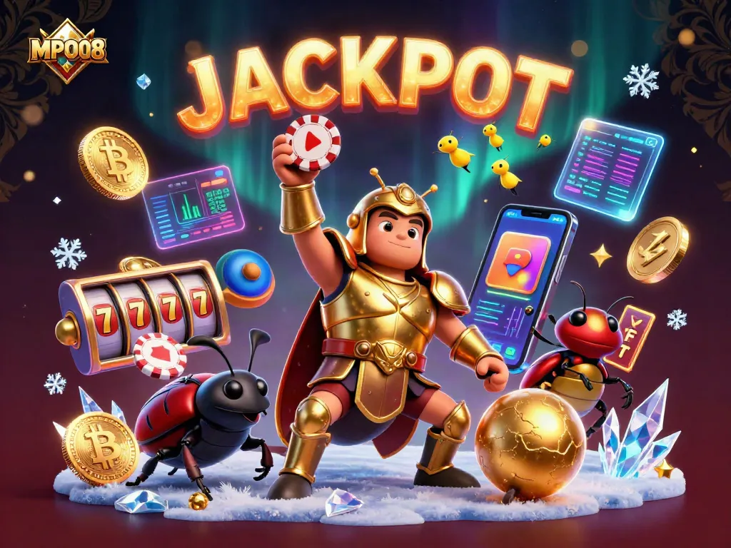 MPO08 showcases a heroic beetle lifting a poker chip amidst slot reels and crypto coins, celebrating a jackpot.