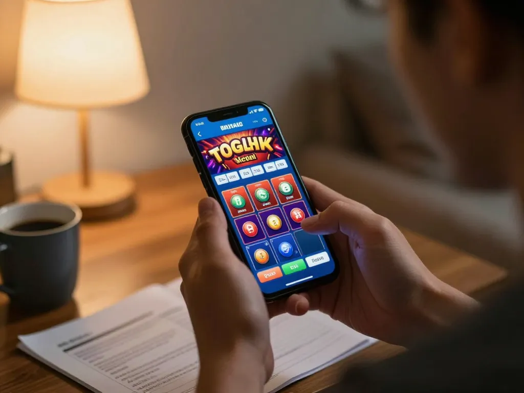 Engaged player reviews togel hk results on mobile app in a cozy home setting.