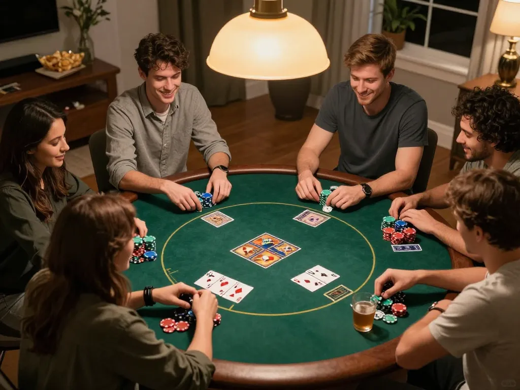Friends enjoying a poker night at home, showcasing poker strategy and engagement in the game with mantra88.