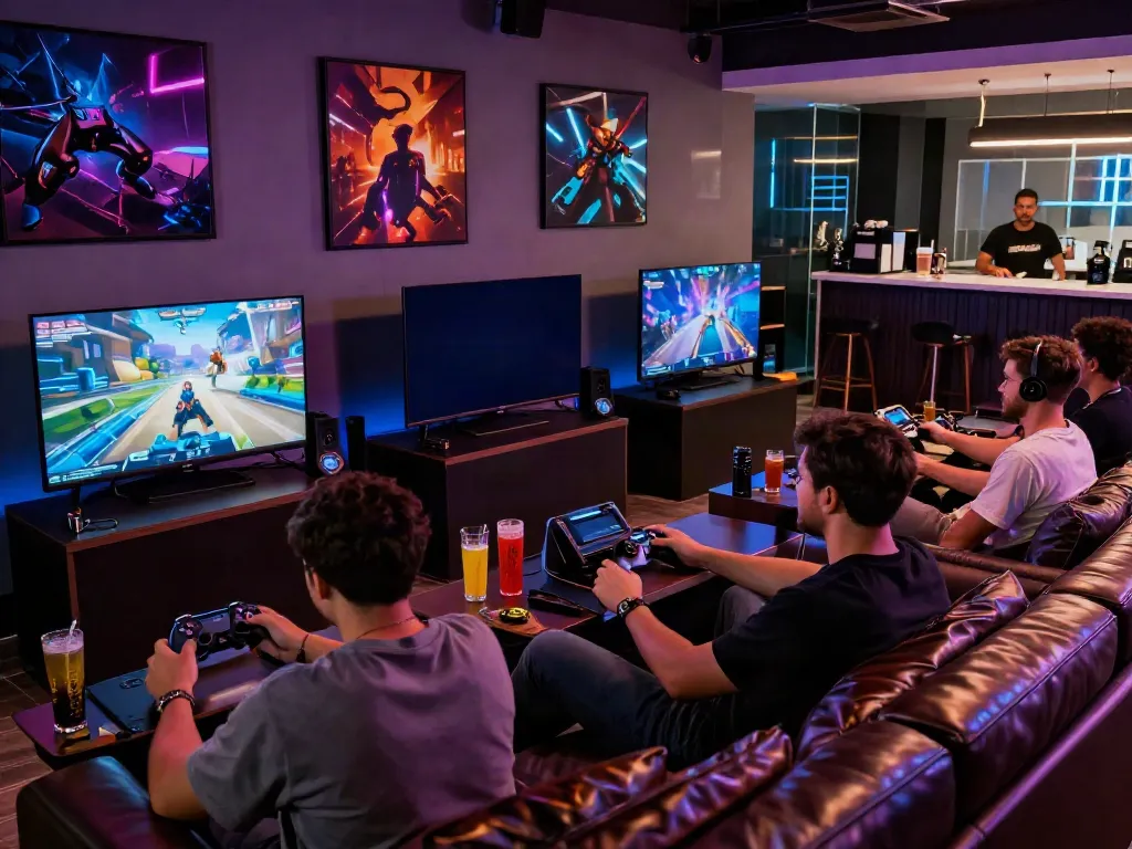 Men engaging in gaming experiences at a luxurious manclub lounge.
