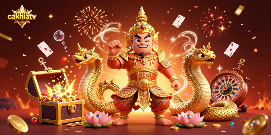 Cakhiatv showcases a dynamic 3D illustration of a Thai guardian and Naga serpents celebrating within an exciting casino environment.
