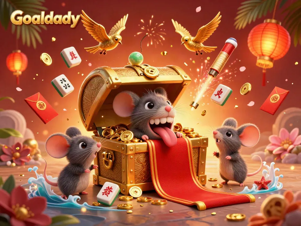 Experience Goaldaddy's enticing treasure chest scene with golden coins and adventurous mice in this vibrant illustration.