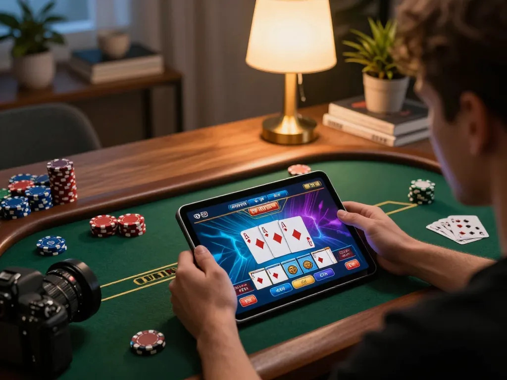 Player enjoying llwin online casino gaming session on a tablet with vibrant poker interface.