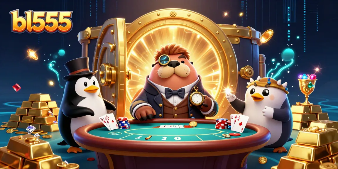 bl555 players enjoy a spirited poker game with vibrant treasures and gems around them.