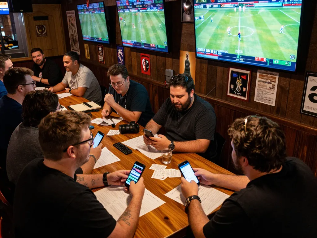 Tỷ lệ kèo nhà cái is analyzed during an exciting sports betting event with friends, showcasing betting apps and live game screens.