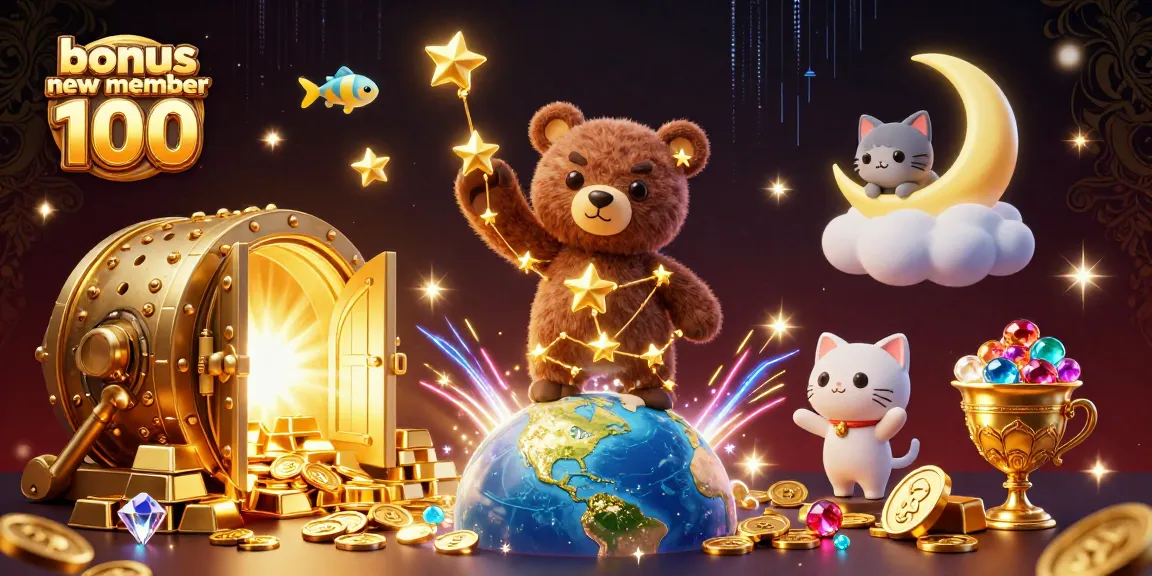 Engage with the vibrant bonus new member 100 offering, featuring magical casino-themed 3D illustration.