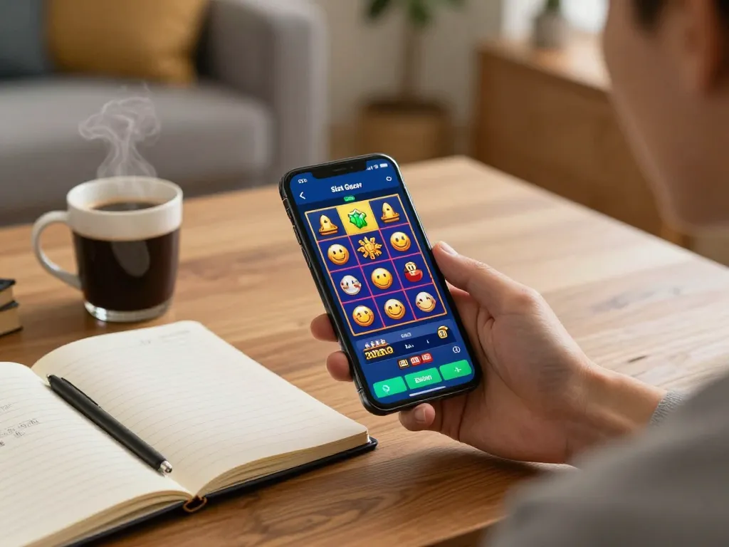 Engaging gameplay on a Slot Gacor app with a smartphone in a cozy home atmosphere, highlighting responsible gaming.