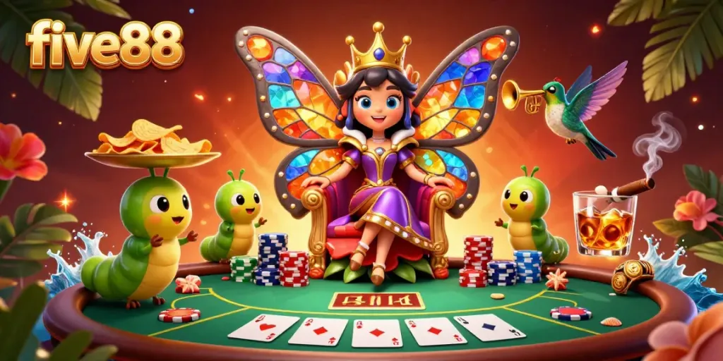 Engage in vibrant five88-themed casino gaming with colorful characters at an exciting poker scene.