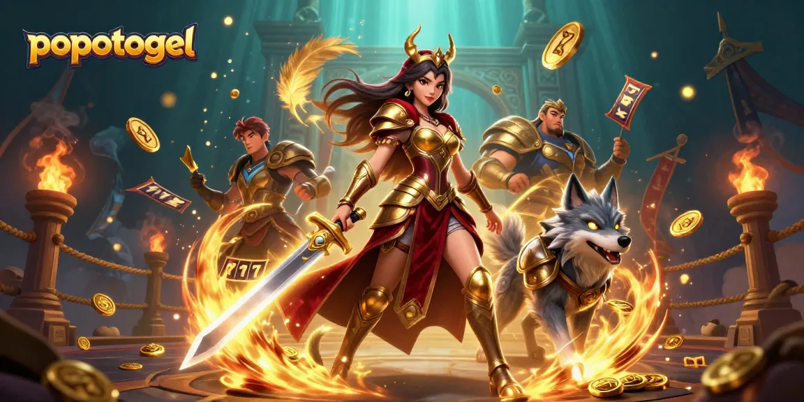 Engage in thrilling gaming at popotogel with dynamic visuals of a warrior queen and slot elements.