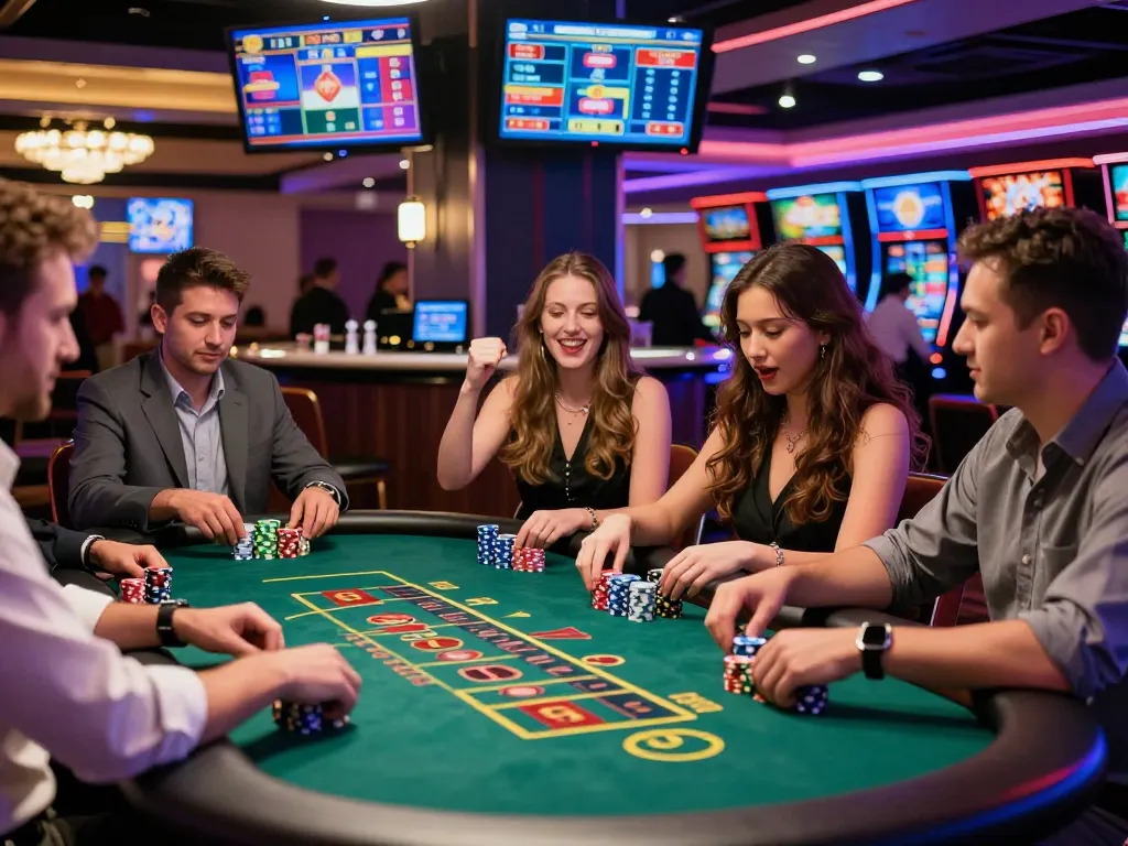 Exciting 99exch casino scene with players at a baccarat table celebrating wins and surrounded by vibrant gaming lights.