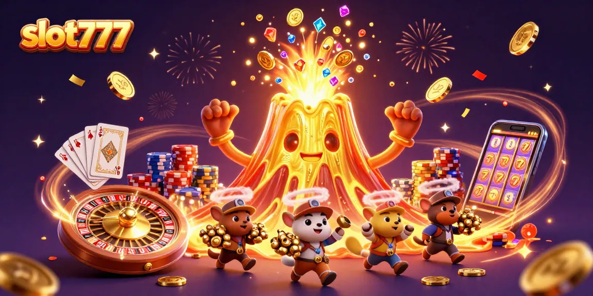 Catch unforgettable moments with slot777 as a golden volcano erupts treasures in this vibrant casino scene.