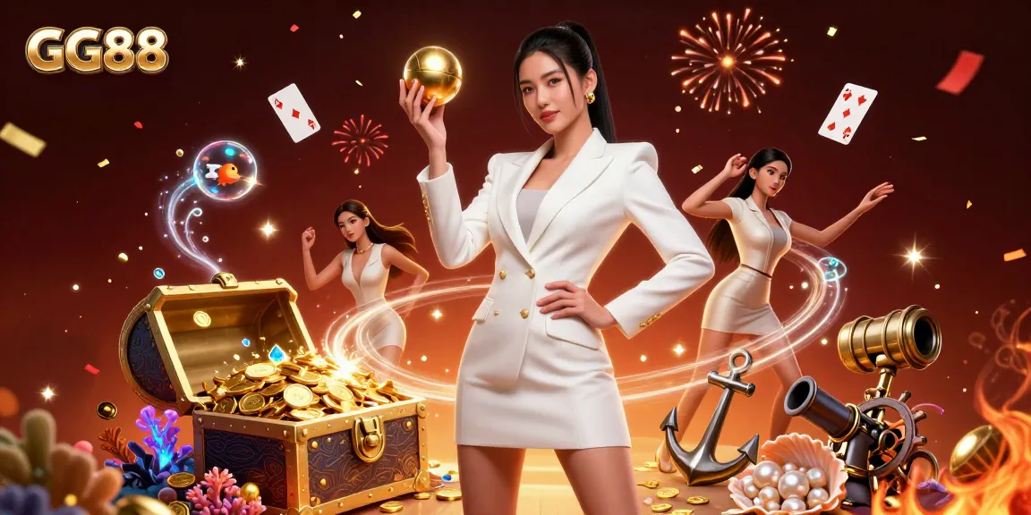 Experience the thrill of gambling with GG88 in this vibrant and dynamic casino scene featuring high-fashion elements and rich treasure.