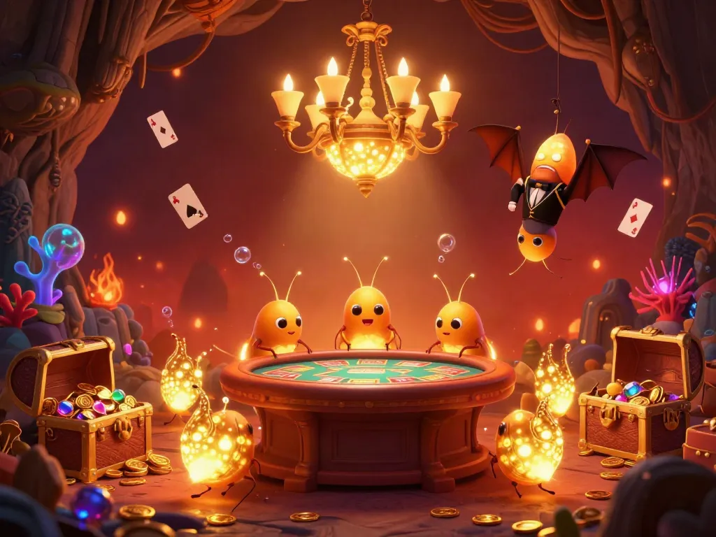 Experience the vibrant 789 club casino scene lit by glowworm characters and sparkling treasures.