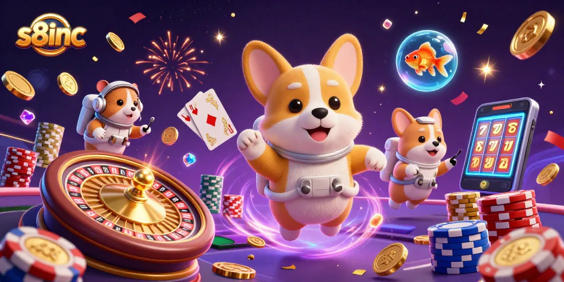 Enjoy thrilling games at S8inc with a floating corgi and dazzling casino elements.
