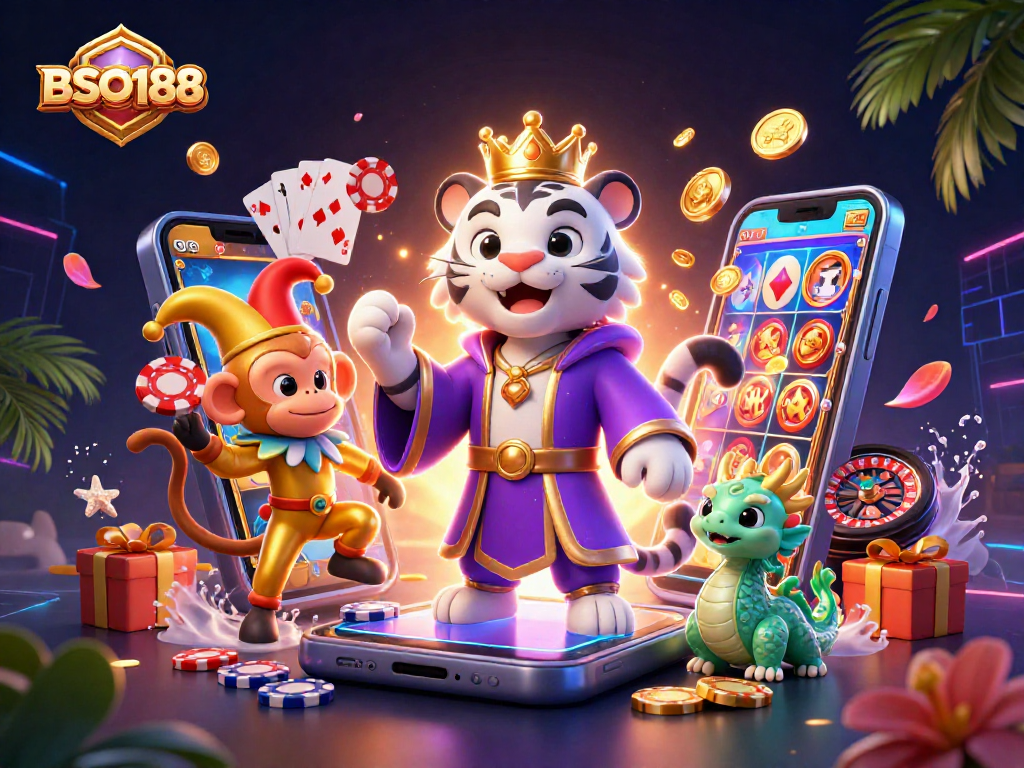 Experience BSO188 excitement with a lively 3D scene showcasing winning casino elements.