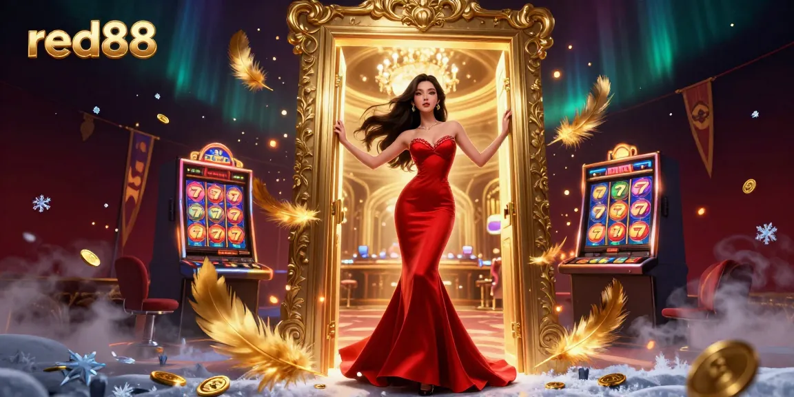 Experience excitement with red88 in a vibrant 3D casino scene filled with slot machines and dazzling lights.