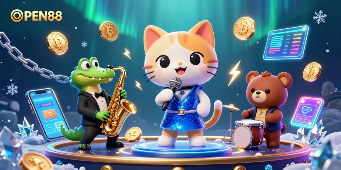 Bet on fun with OPEN88 featuring a cartoon jazz singer, a saxophonist crocodile, and a drummer bear cub.