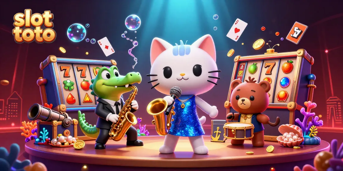 Spin to win at slot toto with a jazzy cat, croc, and bear in a festive casino scene.