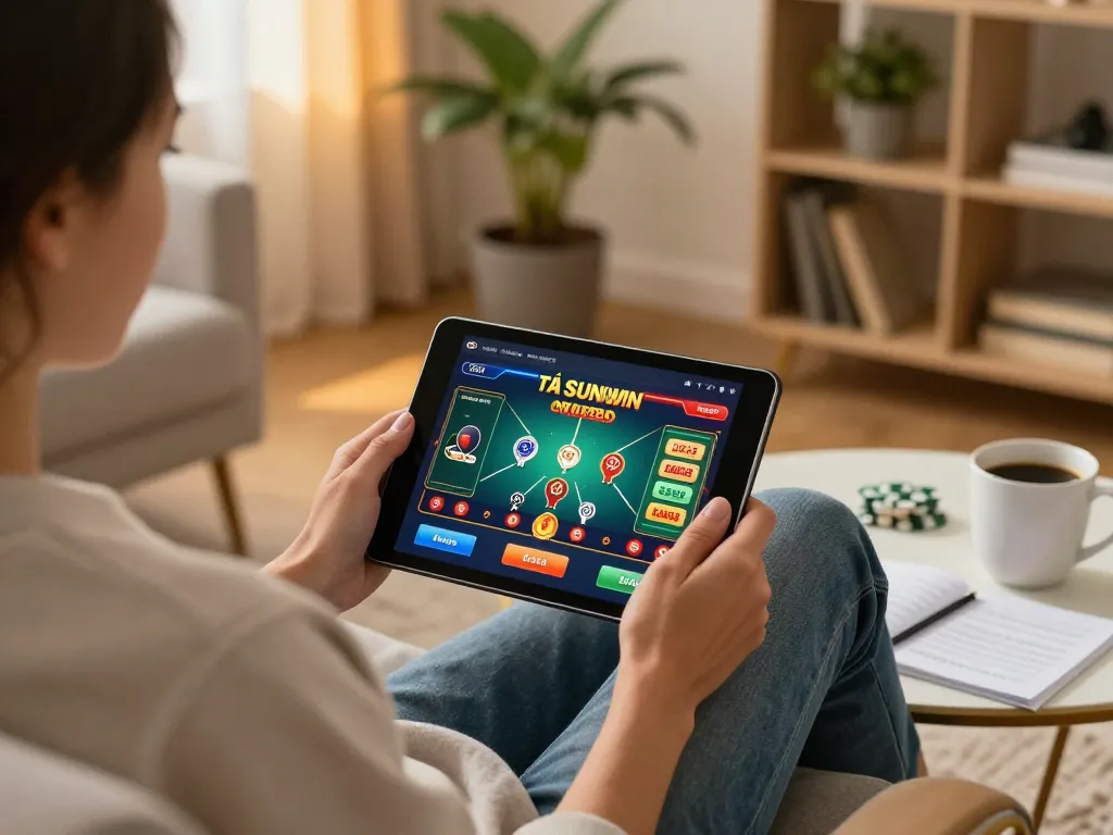 TẢI SUNWIN to enjoy online casino games in a cozy home setting, showcasing tablet gameplay and a strategic approach.