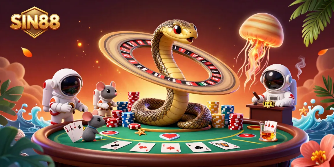 SIN88 captivates players as cartoon astronaut mice bet on the roulette wheel formed by Saturn's rings while cosmic dealer oversees.