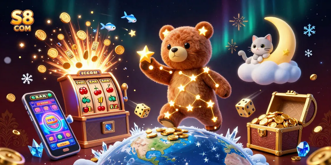 S8 COM offers exciting slots and jackpots with a constellation bear scooping up coins in a vibrant casino scene.