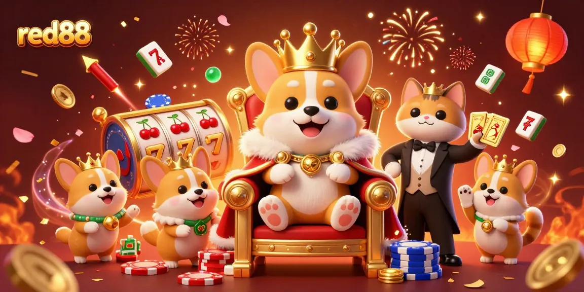 Experience excitement with red88 slots and a royal corgi on a throne, surrounded by vibrant gambling elements.