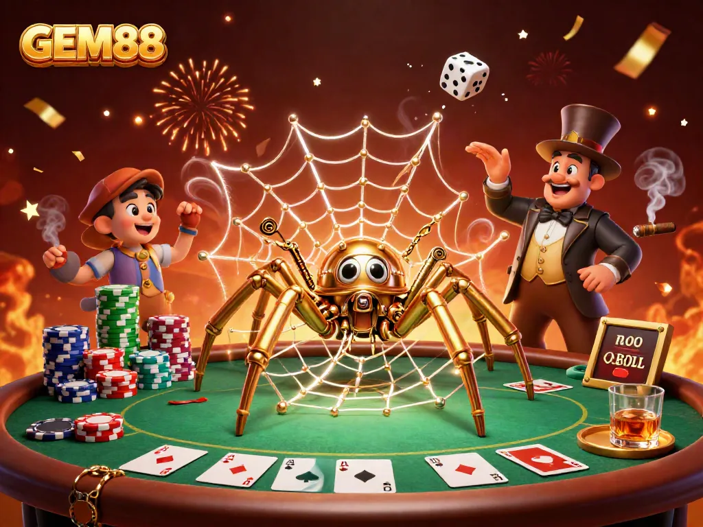 Engage in thrilling gaming adventures at GEM88 with a steampunk spider web of casino elements.